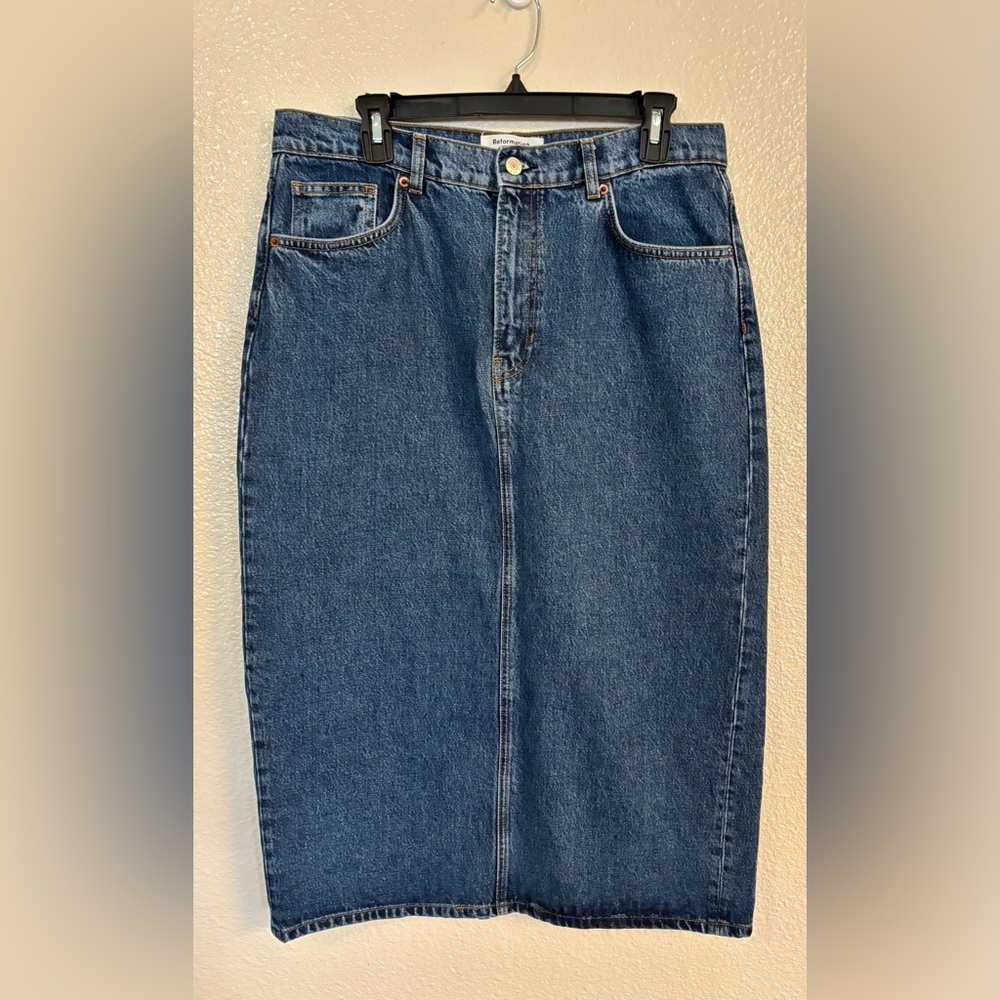 REFORMATION Jayde High Rise Denim Midi Skirt in Hana - Picture 3 of 7